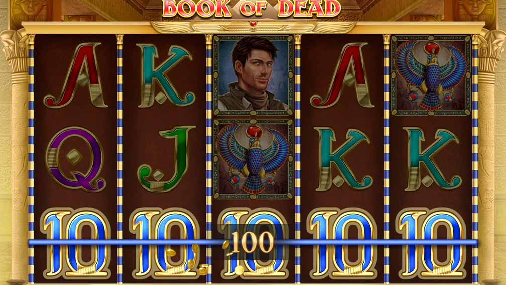Book of Dead slot screen with five reels, showing A, K, Q, J, 10 symbols and a portrait card in ornate gold frame.