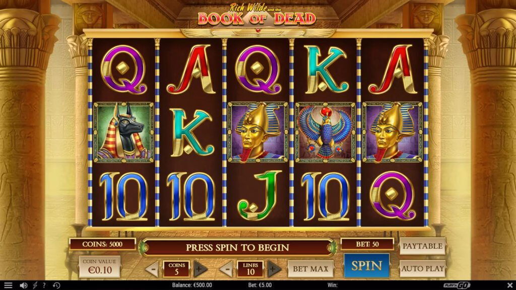 Five-reel online slot game interface with Egyptian-themed symbols and golden columns titled 'Rich Wilde and the Book of Dead' at the top