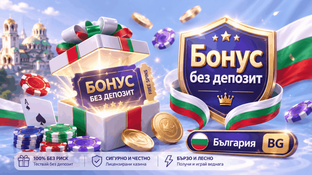 Promotional image for a no-deposit bonus in Bulgarian, featuring a gift box, shield badge, coins, cards, and Bulgarian flag ribbons.